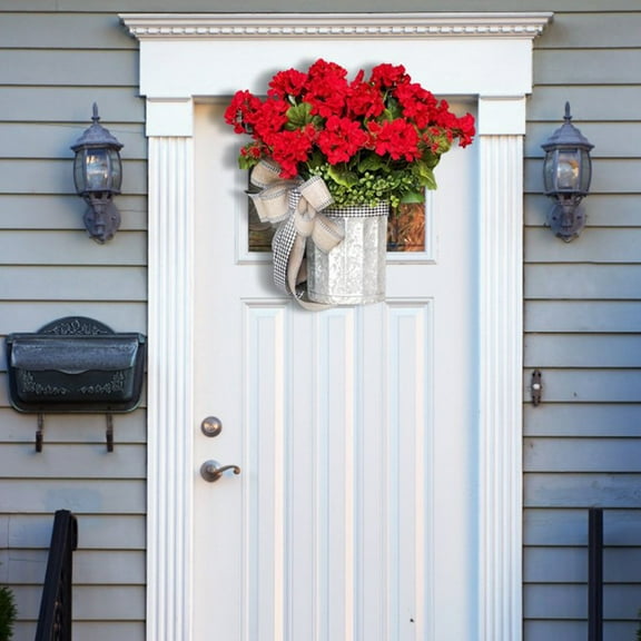 CxhicLuv Geranium Hanging Basket Wreath, Front Door Spring & Summer Decor, Artificial Flower Basket with Red Geraniums, Beautiful Welcome Sign for Home Porch & Farmhouse Decor