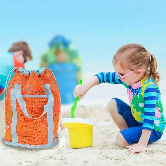 CxhicLuv Handheld Beach Toy Bag, 9.8×8.7×0.8 Inch, Spacious, Reusable, Quick-Dry, Ideal for Sand Play, Beach Trips, Nylon & Mesh, Suitable for Children, Families, Orange