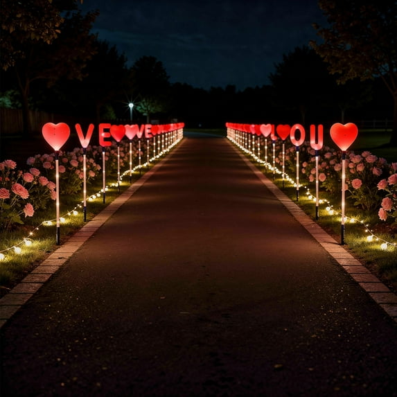 CxhicLuv LED Valentine's Day Solar Lights, 6-in-1 Heart-Shaped Garden Lights, Solar-Powered Outdoor Decor, Waterproof Red/Pink, 49cm, Perfect for Holiday, Patio & Yard Decoration