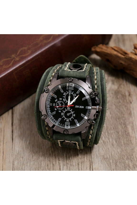 Men's Steampunk Wrist Watch, Vintage Cowhide Band, Quartz Movement, Ideal for Daily Wear, Formal Occasions, Durable & Classic, Suitable for Men, Vintage Enthusiasts, Green