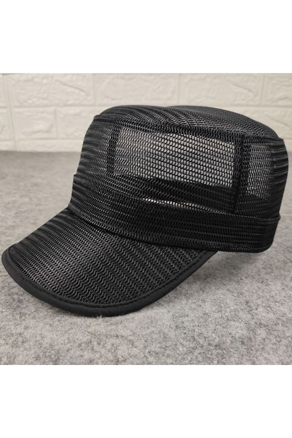 Mesh Flat Top Hat 7.7×6.5 Inch Polyester – Breathable Casual Cap, Suitable for Outdoor, Sports, Daily Wear, Great for Fashion Lovers, Black