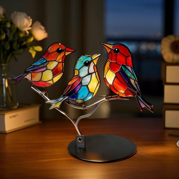 CxhicLuv Metal Stained Glass Birds, Colorful Five Birds Pendant Ornament, Whimsical Desktop Art for Office, Living Room & Bedroom, Nature-Inspired Decor with Intricate Craftsmanship
