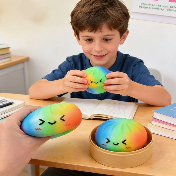 CxhicLuv Rainbow Bao Bun Figurine with Steamer, Fun Stress Relief Toy, Cute Squeeze Ball for Anxiety Relief, Soft and Portable Fidget Toy for Kids & Adults, Relaxation Toy for Home & Office