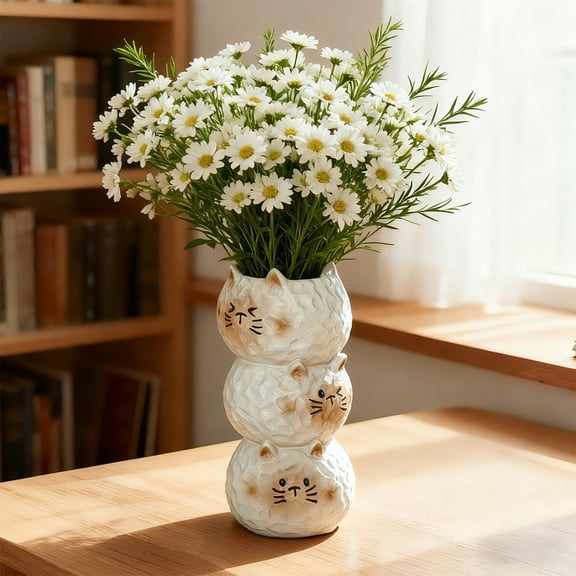 CxhicLuv Resin Stacked Pet Vase Ornament, Beige Decorative Vase for Dried Plants & Pampas, Stylish Office or Living Room Décor, Lightweight Resin Floral Display for Shelves & Desks