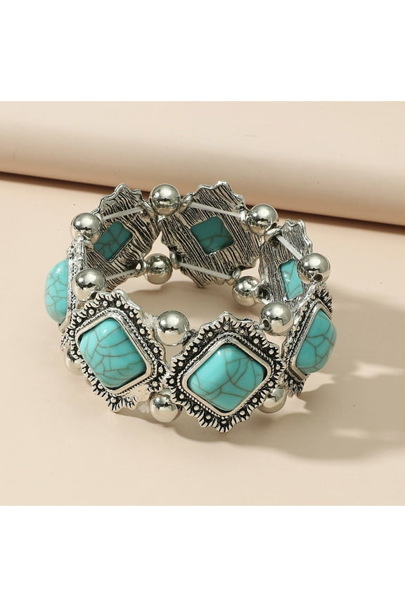 Retro Geometric Turquoise Bracelet, Bohemian Jewelry for Women, Elastic Design, Symbolizes Success, Perfect Gift for Anniversaries & Holidays, Blue
