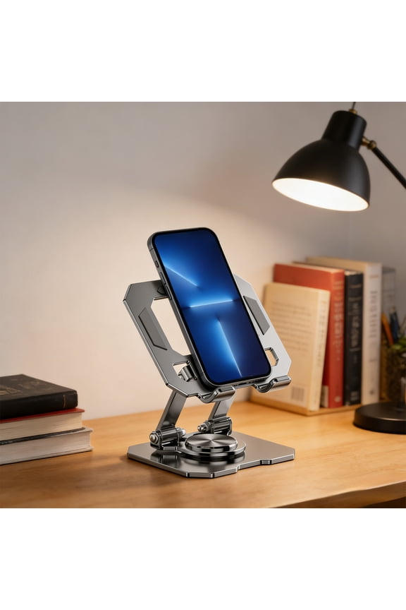 Rotating Tablet Stand, Adjustable 360° Metal Holder for Phones & Tablets, Foldable, Anti-Slip Desktop Stand for Viewing & Live Streaming in Black/Silver, Portable & Durable