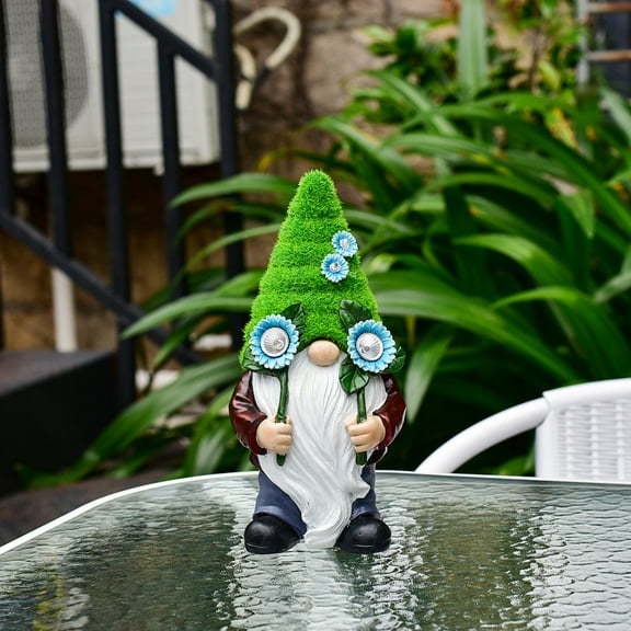 CxhicLuv Solar Gnome Statue with Succulent Wreath, Outdoor Garden Figurine with LED Lights, Durable Resin Craft, Weather-Resistant, Perfect for Patio, Lawn & Yard Decor