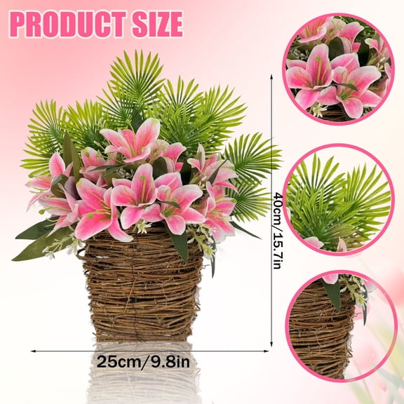 CxhicLuv Spring & Summer Artificial Pink Lilies Hanging Basket, Faux Silk Flower Woven Vine Planter, Seasonal Floral Decoration for Porch, Patio & Indoor Display, Outdoor Decoration for Home