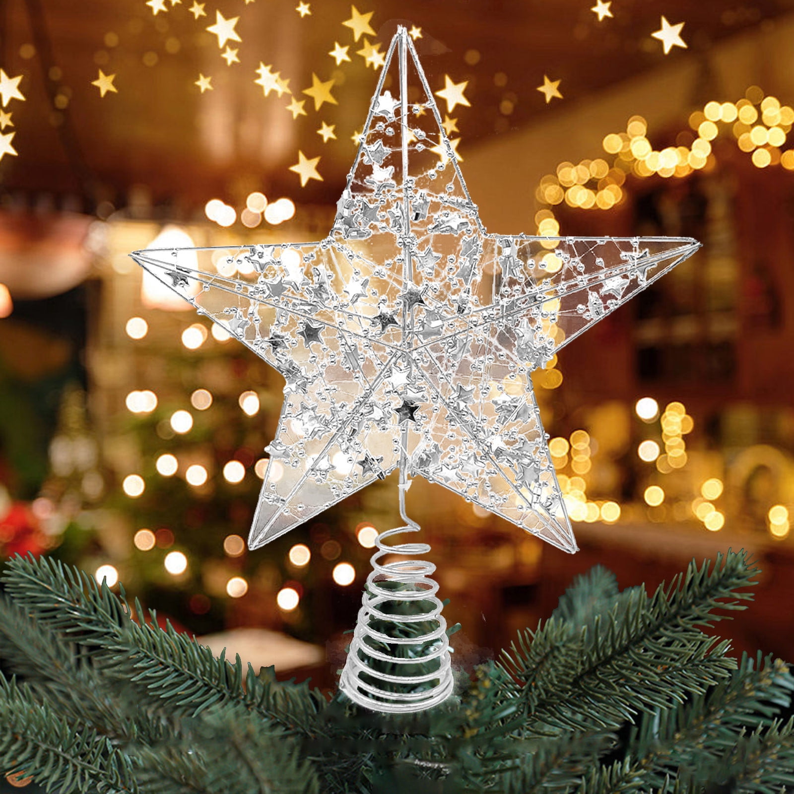 CxhicLuv Xmas Topper Treetop with Built-In Lights, Silver Glittering ...