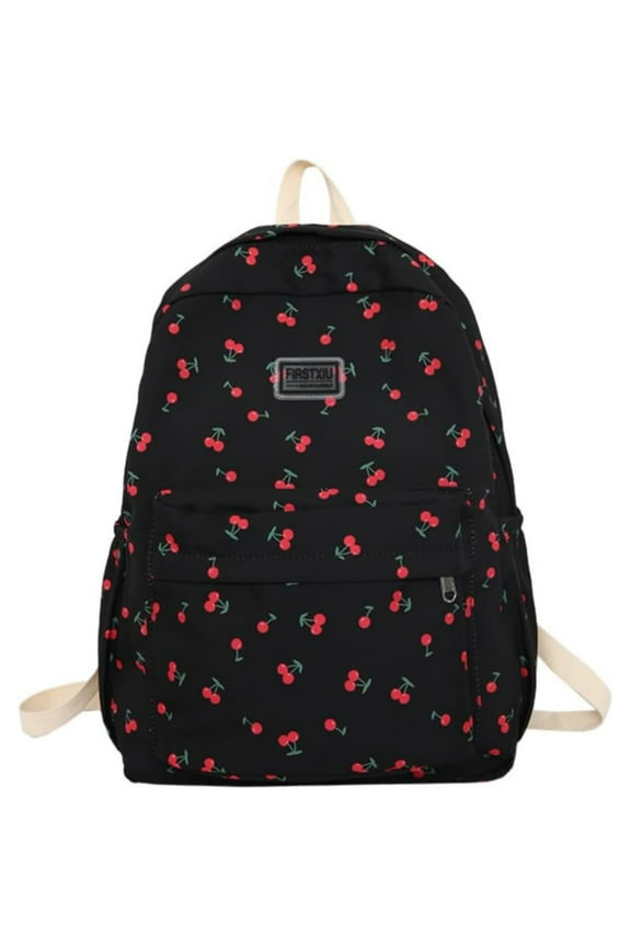 Backpack, Lightweight Nylon Cherry Print Backpack, Laptop Daypack with Spacious Compartment for Work Commute & Travel, Aesthetic Casual Bag for Women, Cherry School Bag Black