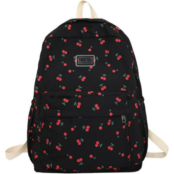 Cxui Backpack, Lightweight Nylon Cherry Print Backpack, Laptop Daypack with Spacious Compartment for Work Commute & Travel, Aesthetic Casual Bag for Women, Cherry School Bag Black
