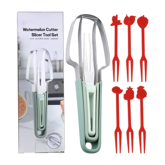 Cxui Green Fruit Cutter, 3-In-1 Watermelon Fork Cutter Tool, Fruit Slicer and Mango Slicer, Pineapple Cutting Tool for Summer Kitchen, Picnic, 9X3In, 1Set