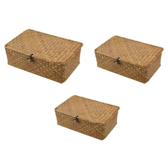Cxui Wicker Storage Basket Set with Lids - Woven Rattan Organizer Bins for Laundry, Shelves, Stackable Home Decor, Natural Style Yellow