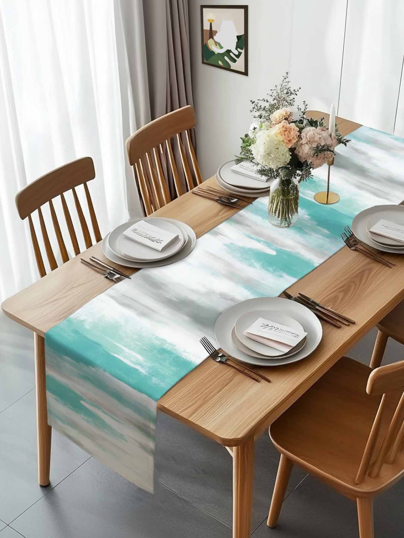 Cyan Abstract Texture Table Runner 90 Inches Long, Gradient Color Oil Painting Art Table Runners Tabletop Scarf Kitchen Dining Tables Decoration for Home Party Indoor Outdoor
