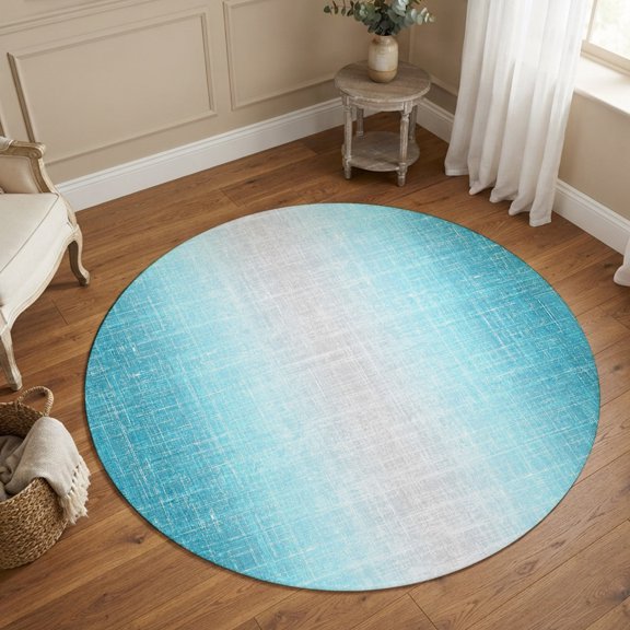 Cyan Blue 3FT Round Area Rug Summer Cool Mint Blue Ombre Ocean Linen Texture Small Round Rugs Non-Slip, Ultra-Thin Washable Rug Low Pile Circle Carpet for Bedroom Kitchen Nursery