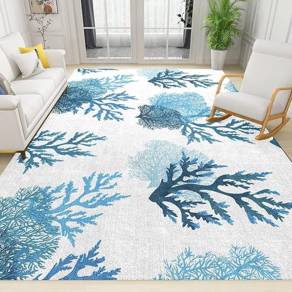 Cyan Blue Coral Area Rugs, Coastal Nautical Cartoon Sea Life Machine Washable Carpet, Large Non-Slip Decorative Rug, For Living Room Bedroom Dining Room Farmhouse 3' x 5'