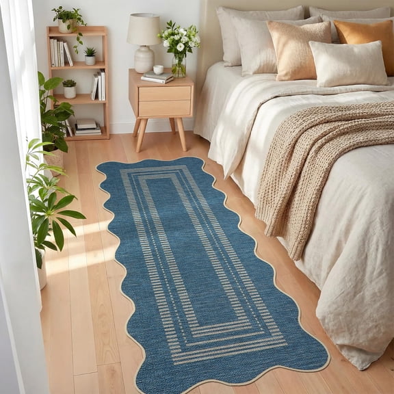 Cyan Blue Runner Rug 2x6FT – Machine Washable, Low Pile, Non-Slip Carpet for Hallway, Entryway, Kitchen, Bedroom, Bathroom – Neutral Scalloped Edgeed Soft Area Rug
