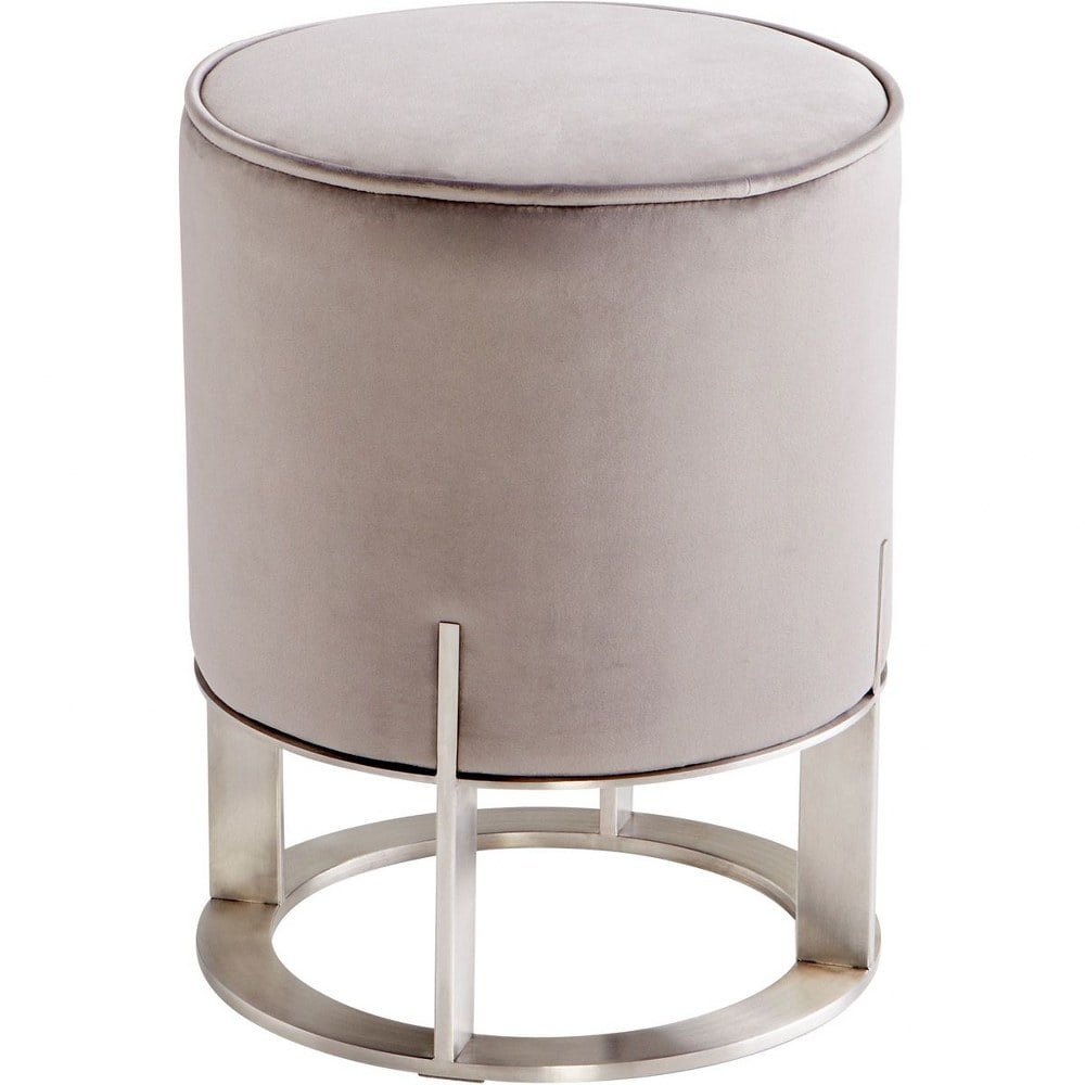 Contemporary Velvet-Cushioned Round Ottoman in Brushed Steel