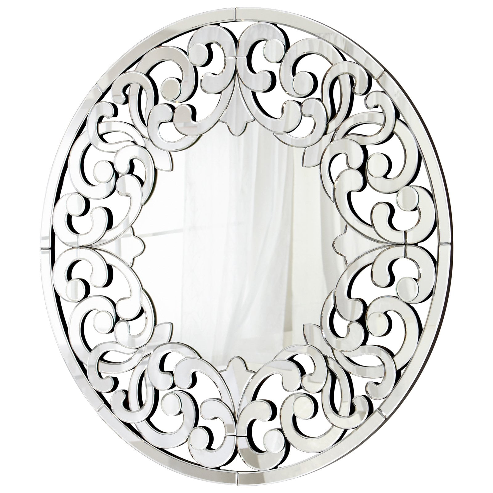 Round Frameless Silver Scrollwork Mirror