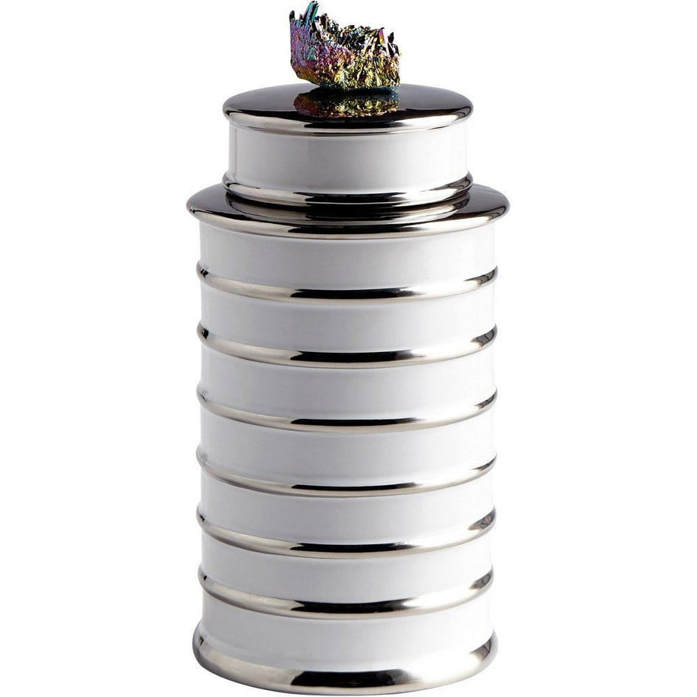 Contemporary Ceramic White Jar with Crystal Accent - 10.5"