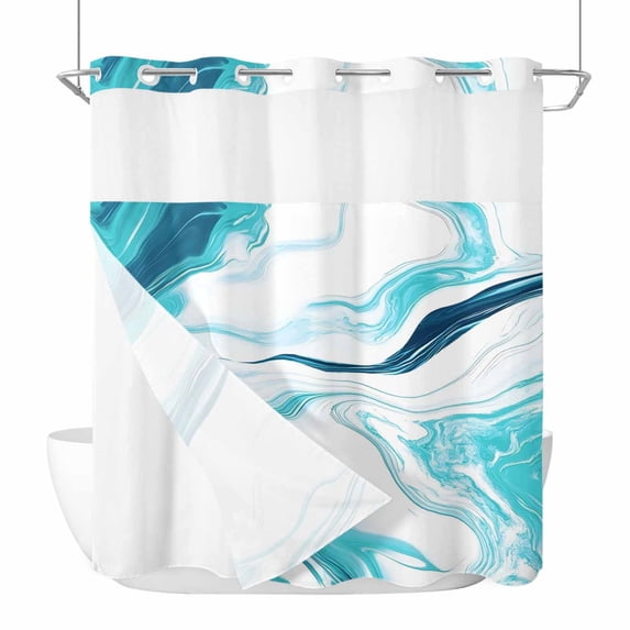 Cyan Gradient Marbles No Hook Shower Curtain with Snap in Liner Modern Abstract Blue White Waterproof Bathroom Shower Curtain with See Through Top Window for Bathtub 72" x 78"