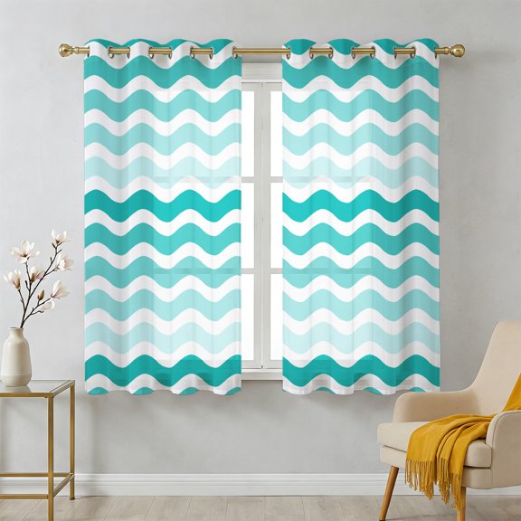 Cyan Gradient Sheer Curtains 39 Inch Long 2 Panels, Water Ripple Light Filtering Semi Sheer Drapes Grommet Voile Window Curtain for Living Bedroom W27.9 x L39