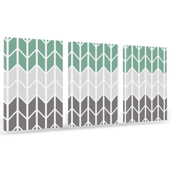 Cyan Gray Canvas Wall Art 3 Panels, Chevron Abstract Geometric Modern Art Framed Wall Decor Modern Artwork Prints Painting for Living Room, Bedroom, Kitchen & Cafe Decor 12" x 16"