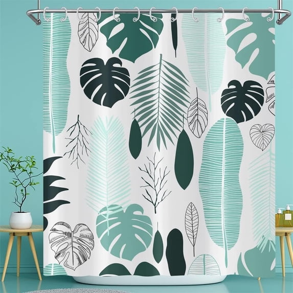 Cyan Leaves Shower Curtain, Tropical Palm Leaf Abstract Plants Botanical Pattern Bath Curtains Waterproof Fabric with Hooks for Home Decor, 72Wx72H