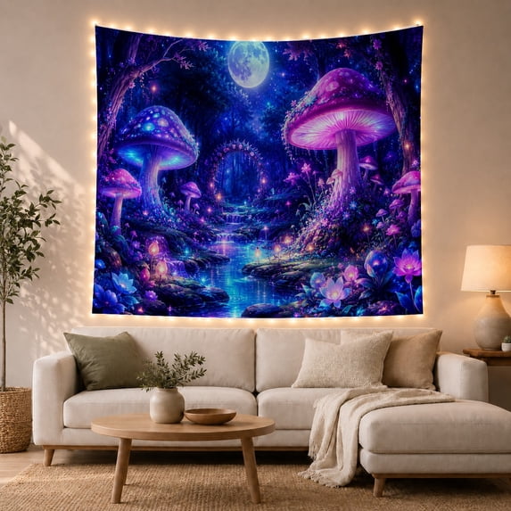 Cyan and Magenta Mushrooms in a Moonlit Forest, Dreamy Fantasy for Nature Lovers, Bioluminescent Decor, Housewarming Gift, Tapestry Wall Hanging for Bedroom and Living Room
