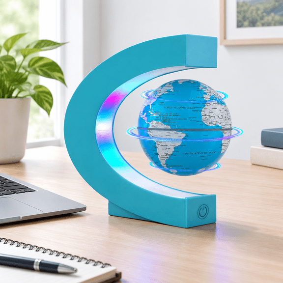 Cyan Magnetic Levitating Floating Globe with LED Lights Desk Decor and Educational Display