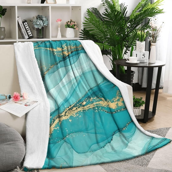 Cyan Marble Gold Spot Pattern Blanket,Comfortable Soft Flannel Throw Blanket,All Season,Warm Lightweight Blankets for Sofa Bed Couch Living Room Chair,50"x60"