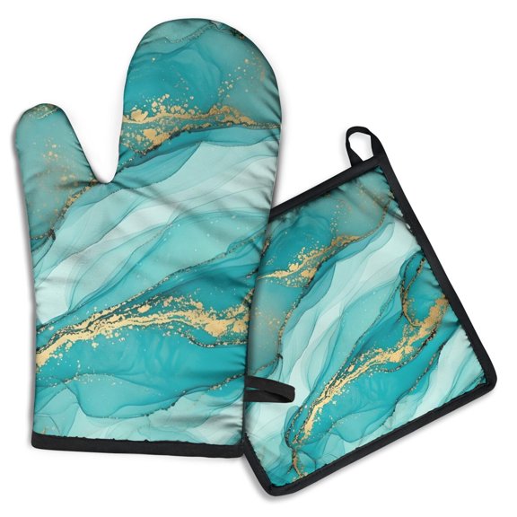 Cyan Marble Gold Spot Pattern Kitchen Oven Mitt and Pot Holder Sets 2 Pcs for Baking, Cooking and Grilling, Heat Resistant Up To 392 °F