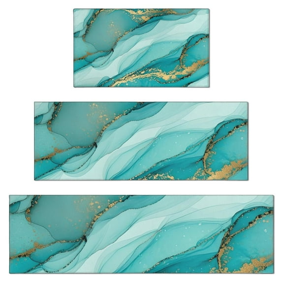 Cyan Marble Gold Spot Pattern Kitchen Rugs Sets Of 3,Kitchen Runner Rugs Non Skid Washable,Decorative Kitchen Floor Mats for Kitchen,Sink,Laundry,17"x30"+ 17"x47" + 17"x59"