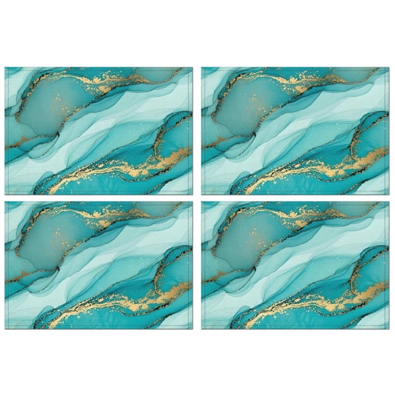 Cyan Marble Gold Spot Pattern Summer Placemats Table Placemats Set Of 4-Linen Kitchen Washable Placemats Table Mats 11.8"x17.7" Non-Slip Heat Resistant