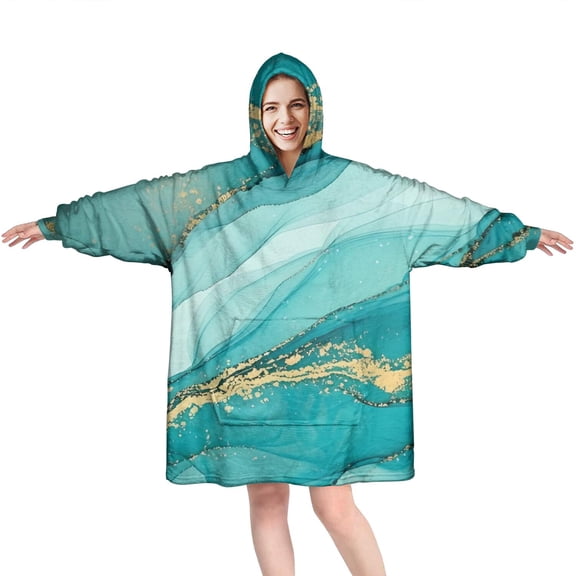 Cyan Marble Gold Spot Pattern Wearable Oversized Blanket,Wearable Blanket Hoodie for Adults,Cozy Hooded Blankets with Super Pockets,Super Warm Fuzzy Pullover for Women & Men