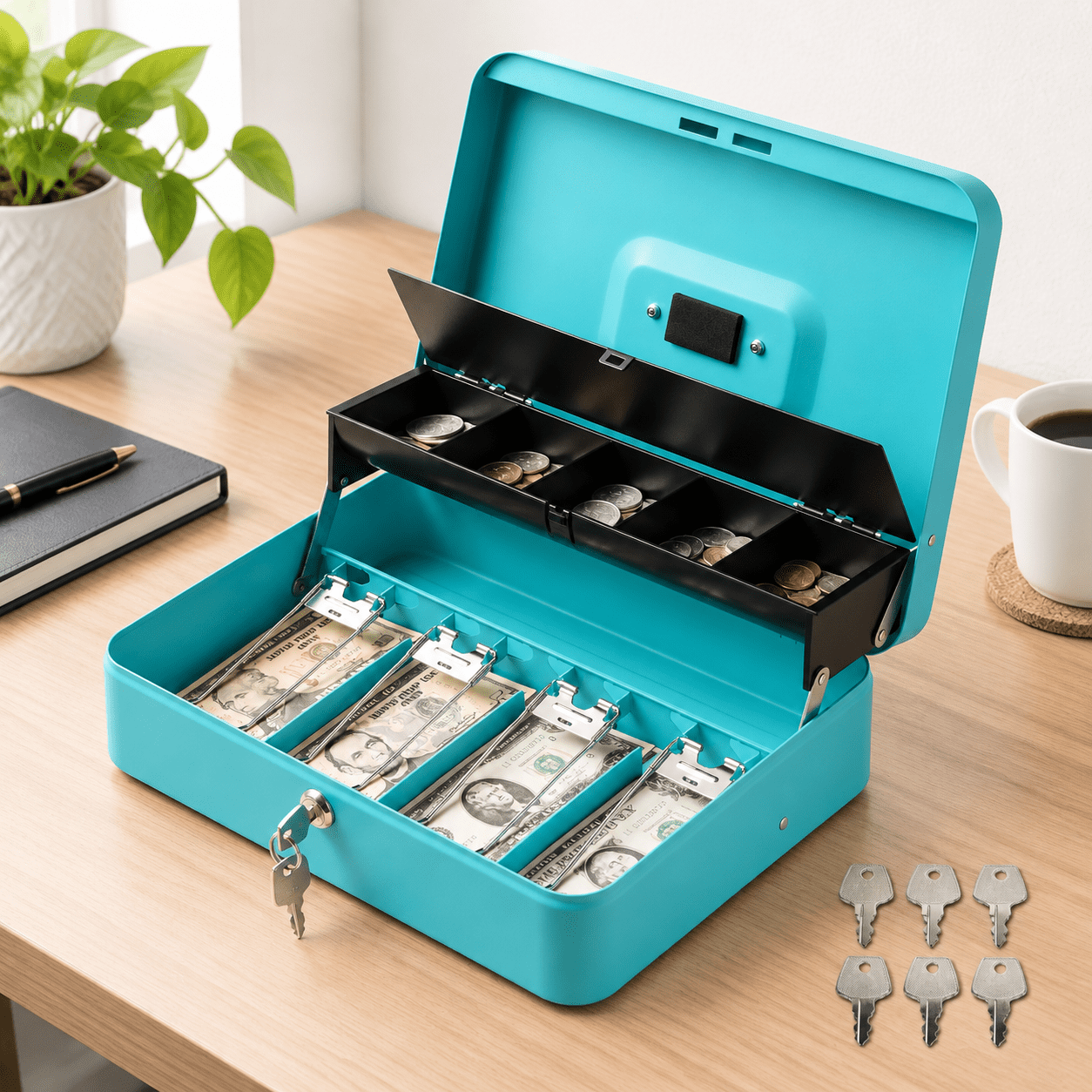 Keyable Lock Box Cyan Metal Locking Box with Tray and Key Lock, Portable Heavy-Duty ...