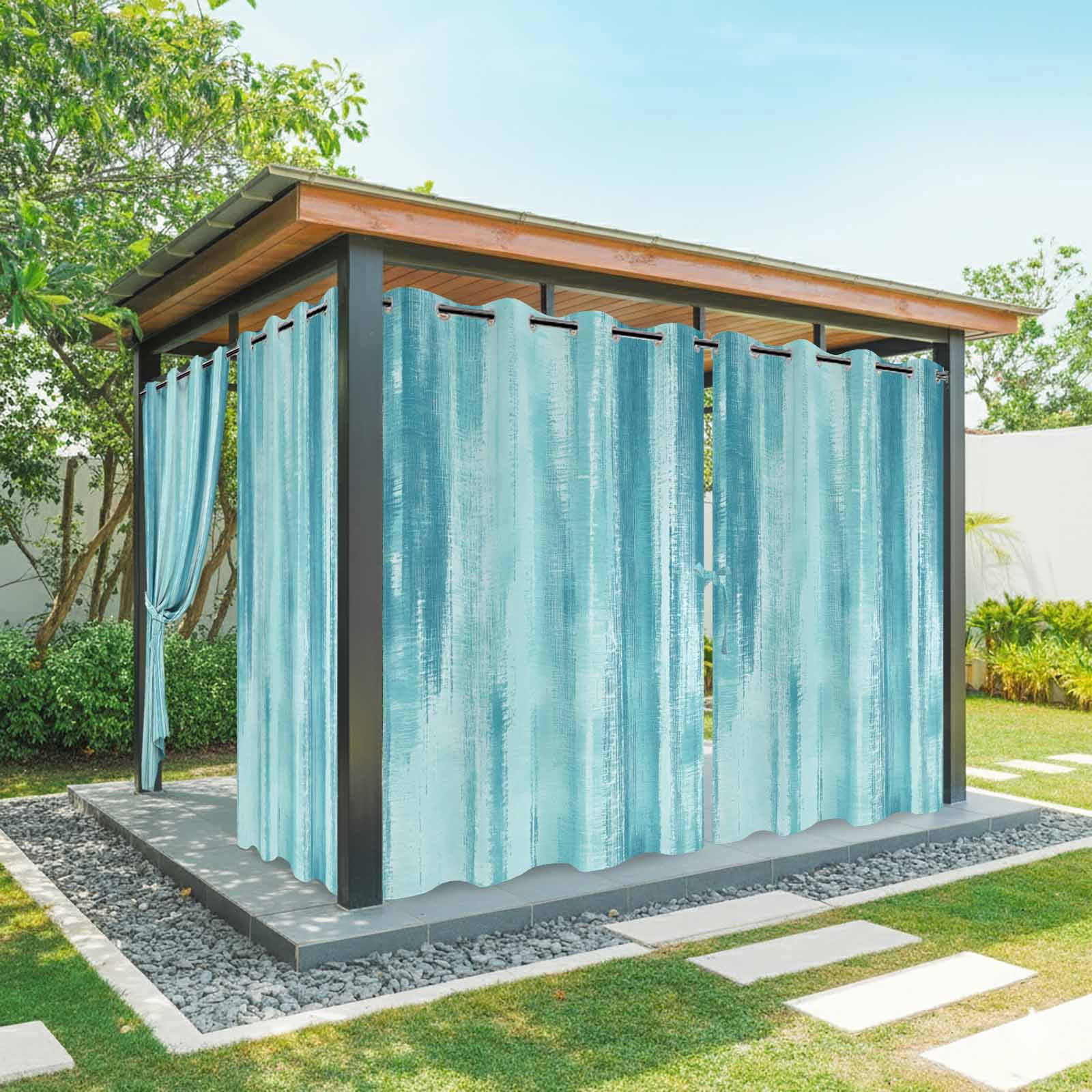 Cyan Paint Outdoor Curtains for Patio, Modern Abstract Blue Green Stripes Sunshade Privacy Drapes Grommet Waterproof Outside Curtains for Porch/Cabana/Balcony 54"x 108", 1 Panel