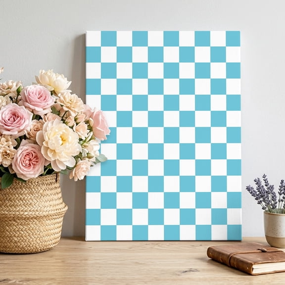 Cyan Plaid Canvas Wall Art, Modern Checkerboard Plaid Repeating Pattern Pictures Wall Decor Wooden Framed Artwork Art Prints for Living Room Hallway Bedroom Office 8"x12"