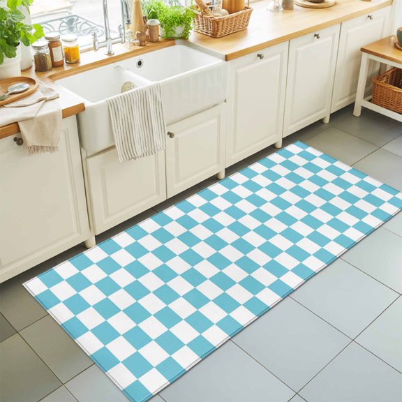 Cyan Plaid Washable Runner Rugs 2'x6', Modern Checkerboard Plaid Repeating Pattern Washable Runner Rug Non-Slip Sturdy Edge Binding Carpet for Bedside Hallway Runner Kitchen Galley