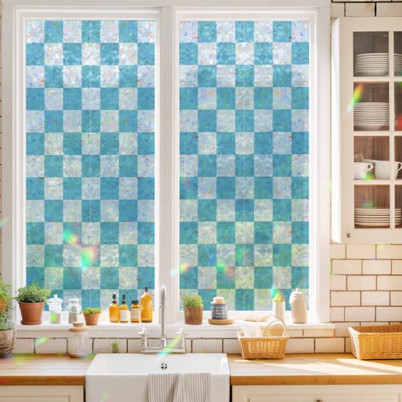 Cyan Plaid Window Privacy Film Modern Checkerboard Plaid Repeating Pattern Static Cling Stained Glass Window Film Non-Adhesive Decorative Decals Rainbow Sticker 17.7"X39.3"