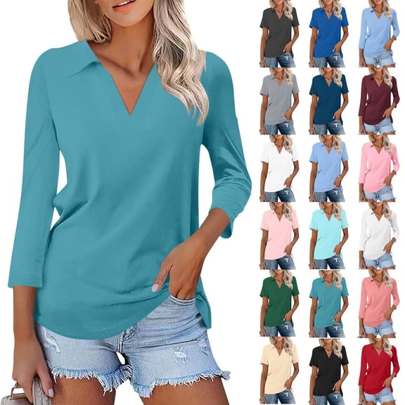 Cyan Polo Shirts Women 3/4 Sleeve V Neck Collared Tops Loose Trendy Beach Casual Tees Summer, M