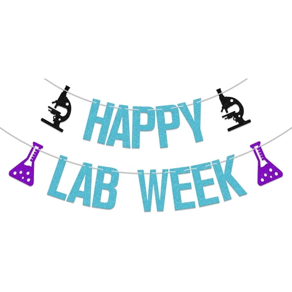 Cyan Purple Glitter Happy Lab Week Banner with Microscope & Conical Flask Cutouts, Medical Laboratory Staff Party Decor