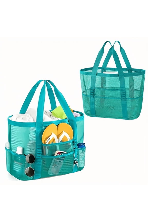 Cyan Small Canvas Beach Tote Bag, Adjustable Shoulder Strap, 9 Pockets Sandproof Foldable Mesh Handbag, Portable Bag for Beach, Swimming, Gym, Travel, Vacation and Daily Use