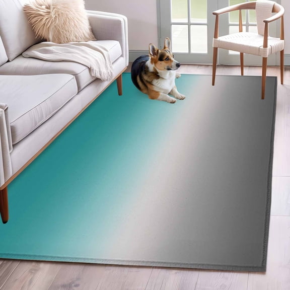 Cyan Turquoise 3x5 Area Rugs for Living Room, Gray Gradient Non Slip Floor Mat Washable Low-Profile Indoor Carpet for Bedroom, Dining Room, Bathroom