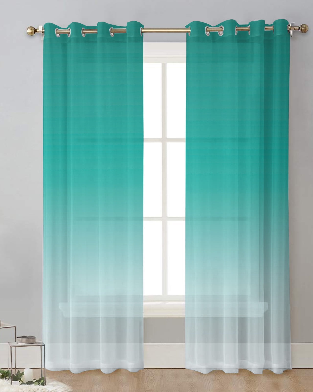 Cyan Turquoise Gradient Sheer Curtains For Living Room Window Transparent Voile Tulle Curtain ...