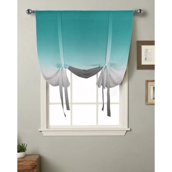 Cyan Turquoise Gray Gradient Window Curtain Tie Up Curtains for Kitchen Living Room Adjustable Rod Pocket Drapes