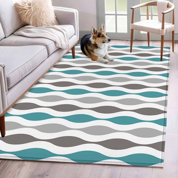 Cyan Turquoise Grey Area Rugs 3x5 ft Medieval Print Waves Geometric Washable Rug Non Slip Indoor Carpet Absorbent Floor Mat for Living Room Bedroom Dining Room