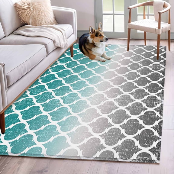 Cyan Turquoise Grey Gradient 3x5 Area Rugs for Living Room, Vintage Retro Moroccan Non Slip Floor Mat Washable Low-Profile Indoor Carpet for Bedroom, Dining Room, Bathroom