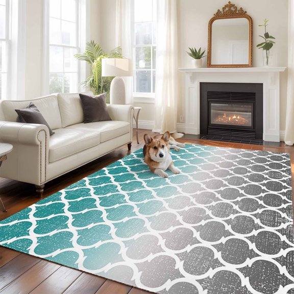 Cyan Turquoise Grey Gradient Large Area Rugs 6x9 ft Vintage Retro Moroccan Washable Rug Non Slip Indoor Carpet Absorbent Floor Mat for Living Room Bedroom Dining Room