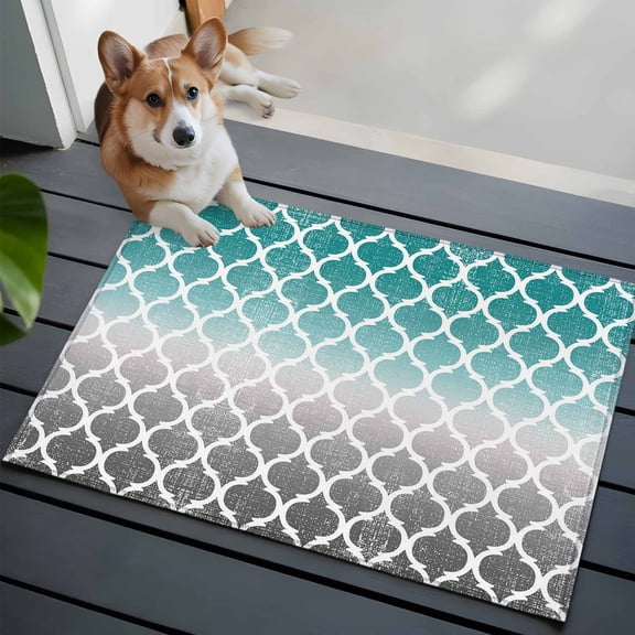 Cyan Turquoise Grey Gradient Washable Area Rug 2x3 Vintage Retro Moroccan Low-Profile Area Rugs with Non Slip Backing Indoor Floor Carpet for Entrance Living Room Bedroom Home Office